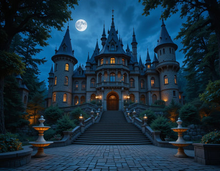 Magic castle at night in full moon light. Fairy tale castle in the forestの素材