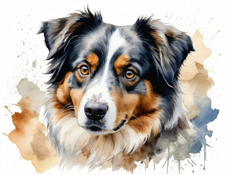 Watercolor portrait of a Australian shepherd on a white backgroundの素材