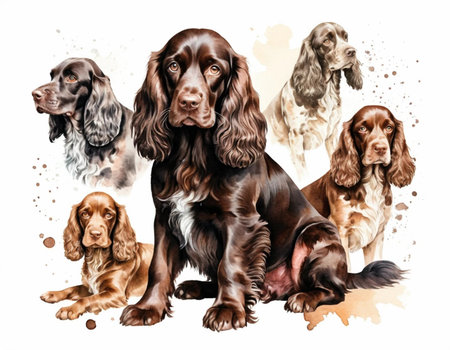 Set of Cocker Spaniel dogs isolated on white background. Watercolor paintingの素材