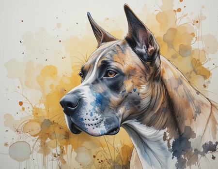 Portrait of a German shepherd dog with abstract watercolor splashesの素材