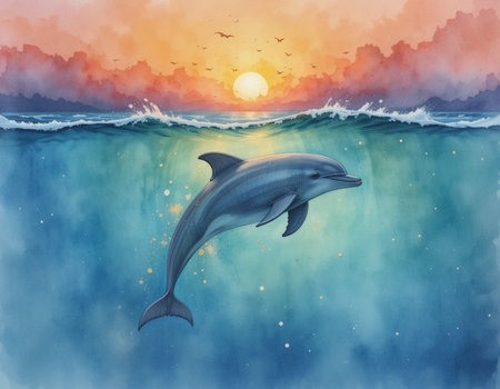 Dolphin jumping out of the sea at sunset. Watercolor illustration.の素材