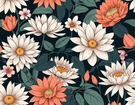 Seamless pattern with dahlias and leaves. Vector illustration.の素材