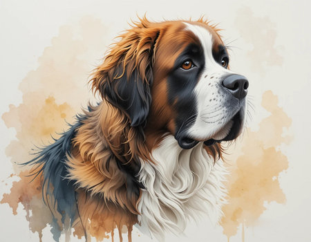 St. Bernard dog portrait on watercolor background. Digital painting.の素材