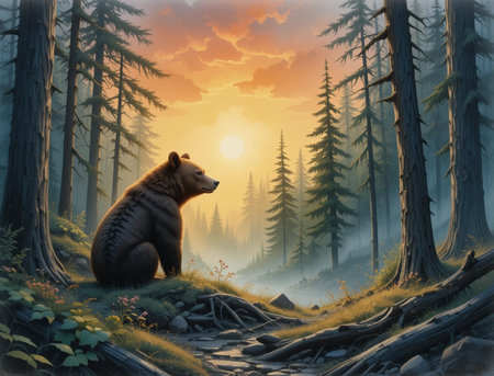 Brown bear sitting in the forest at sunset. 3D rendering.の素材
