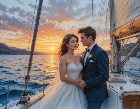Beautiful wedding couple, bride and groom posing on a yacht at sunsetの素材