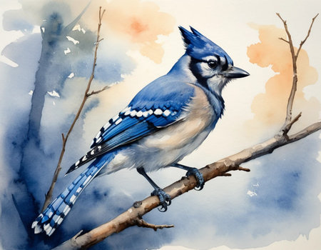 Blue jay bird sitting on a branch. Watercolor painting.の素材