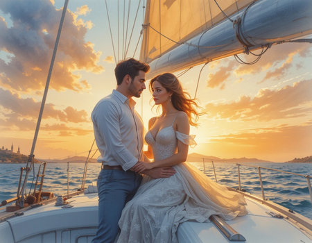 Wedding couple on a yacht at sunset. Bride and groom on a yachtの素材