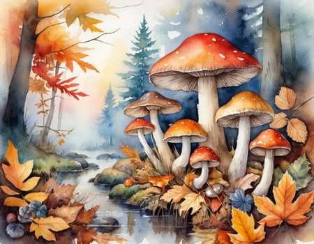 Watercolor autumn landscape with mushrooms and leaves. Watercolor illustration.の素材
