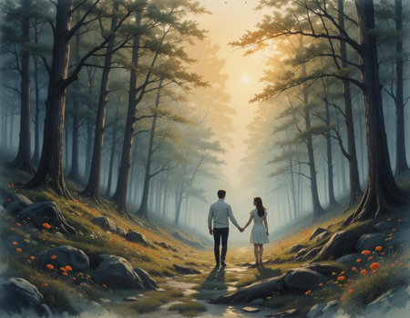 Couple in love walking in the forest. Digital painting illustration.の素材