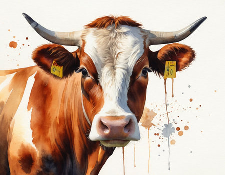 Watercolor portrait of a cow on a white background with splashesの素材