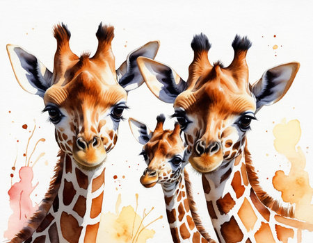 Giraffe family. Watercolor illustration on a white background.の素材
