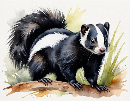 watercolor illustration of a skunk on a branch in the forestの素材