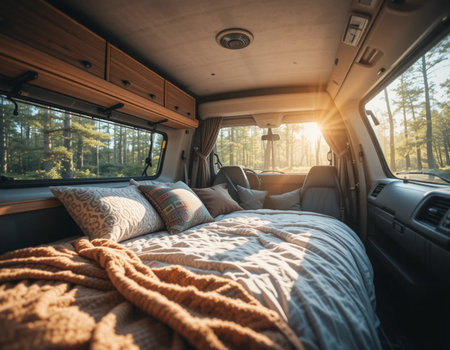 Campervan, recreational vehicle, camping in nature. Travel by car.の素材