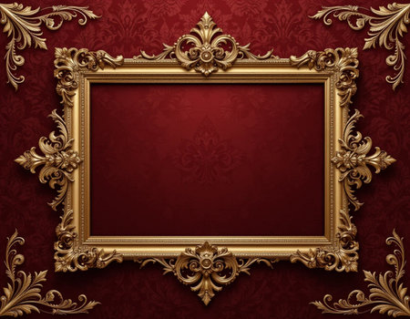 Vintage gold frame with ornament on red background. 3d renderingの素材