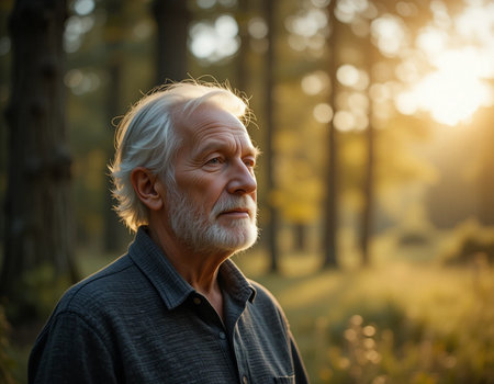 Portrait of a senior man in the forest at sunset. Retired peopleの素材