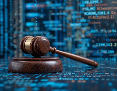 Law theme, mallet of judge, wooden gavel on blue digital backgroundの素材