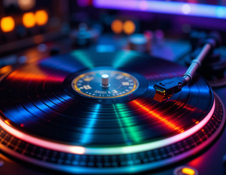 Turntable playing vinyl record in nightclub. Close up view.の素材