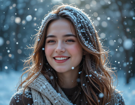 Portrait of a beautiful girl in the winter park with snowflakesの素材