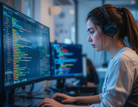 Young Asian female programmer in headphones working on computer at night in officeの素材