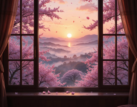 Cherry blossoms and sunset in the window of the room.の素材