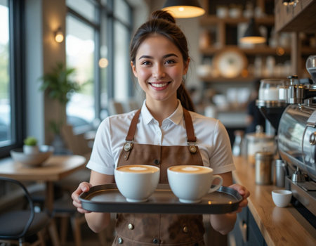 Portrait of smiling waitress holding tray with cups of coffee in cafeの素材