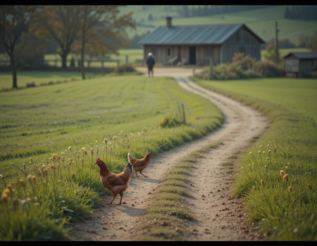 chickens walking on a dirt road in the countryside in springの素材