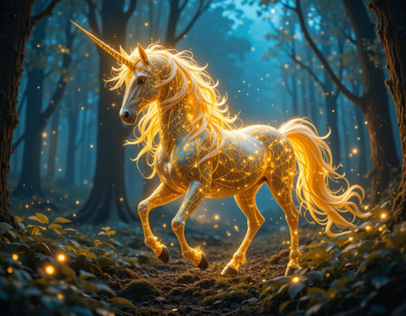 Magic unicorn in the forest. Magical fairy tale. 3D renderingの素材