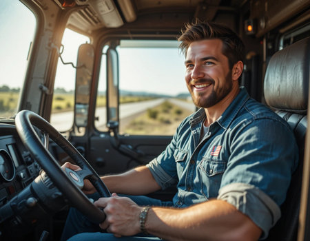 Portrait of a handsome young man driving a tractor in the countrysideの素材