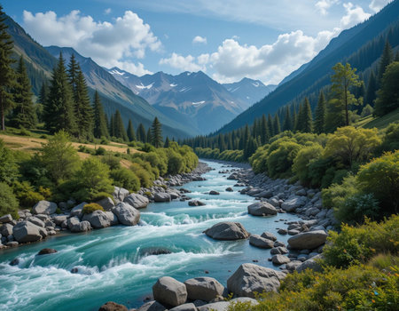 Beautiful mountain landscape with a river in the Altai Republic, Russiaの素材