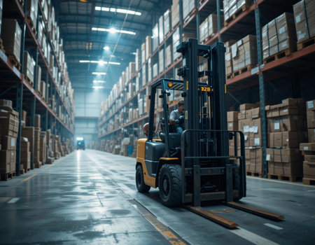 Forklift loader in warehouse. This is a freight transportation and distribution warehouse. Industrial and industrial backgroundの素材