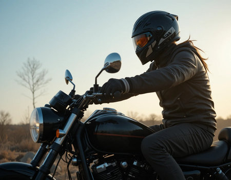 Biker girl in helmet and leather jacket sitting on a motorcycle.の素材