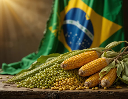 Fresh corn and green peas on a wooden background. Selective focus.の素材