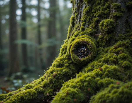 Green moss on a tree trunk in the forest. Selective focus.の素材