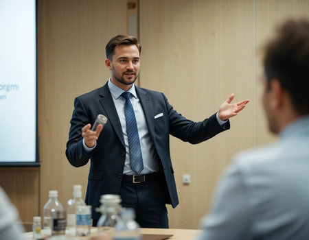 Businessman Giving Presentation To Colleagues In Conference Room.の素材