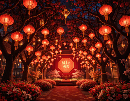 Chinese lanterns in the garden at night in Shanghai, China.の素材