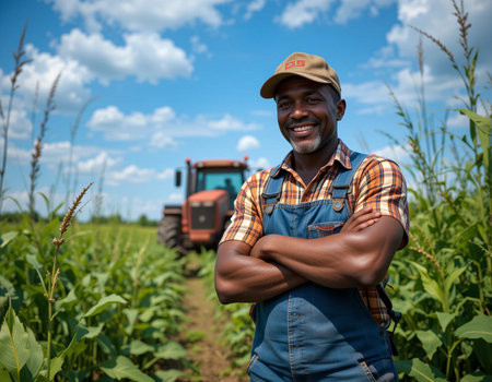 Portrait of happy African American farmer standing with crossed arms in corn fieldの素材