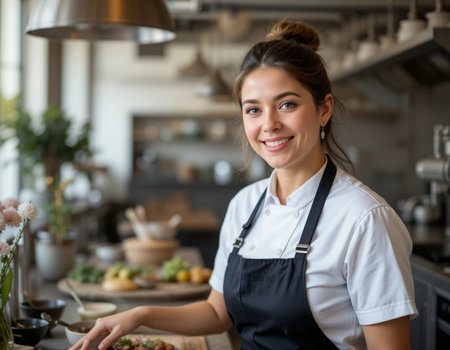 Portrait of young female chef standing in the kitchen and smiling.の素材