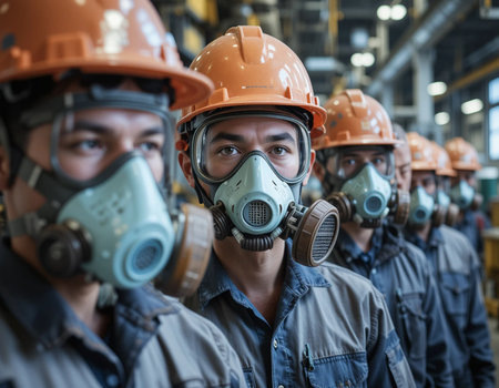 Group of factory workers using gas mask to protect against pollution and virus in factoryの素材