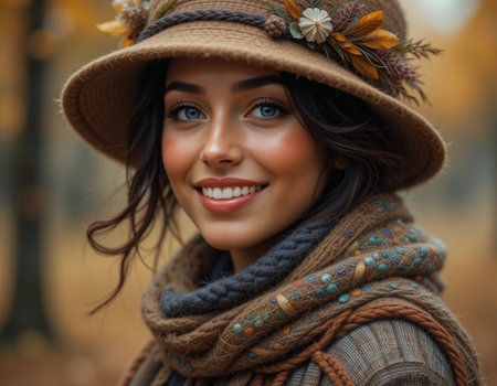 Portrait of a beautiful girl in a hat and scarf in the autumn forestの素材