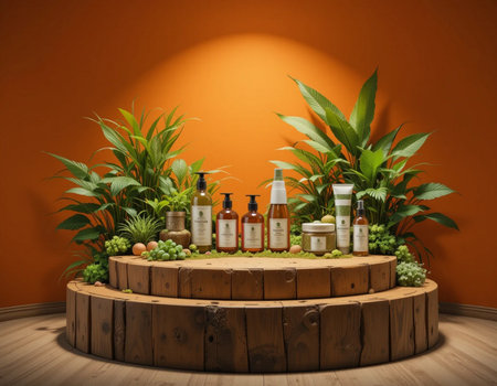 cosmetic bottles on wooden barrel with green plants on orange wall backgroundの素材