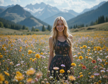 Young beautiful woman in a field of daisies and mountains.の素材