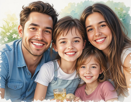 Happy family with children over floral background. Father, mother and daughterの素材