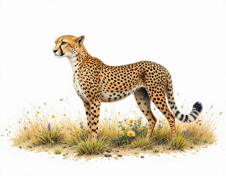 Cheetah standing on grass isolated on white background, digital illustrationの素材