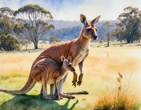 Kangaroos on the grassland in Australia, digital paintingの素材