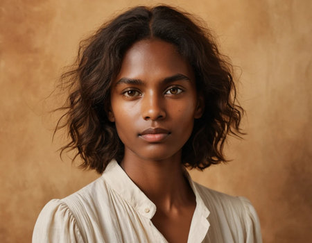 Portrait of a beautiful young African American woman with curly hairの素材