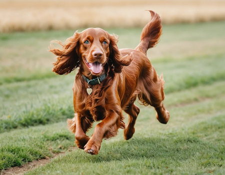 Beautiful Irish setter dog running on the field in summer.の素材