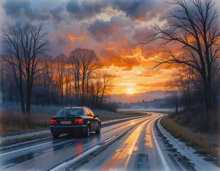 Car on the road in the winter at sunset. Car on the road.の素材