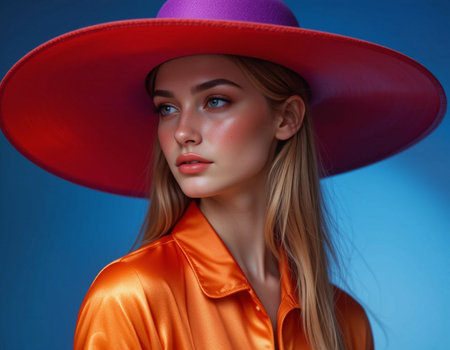 Portrait of a beautiful young blonde woman in orange dress and hat on blue backgroundの素材