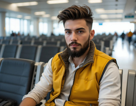 Handsome young man in yellow jacket and scarf sitting in airportの素材