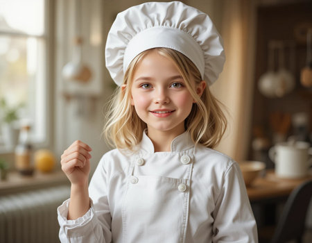 Portrait of smiling little girl in chef uniform standing in the kitchenの素材